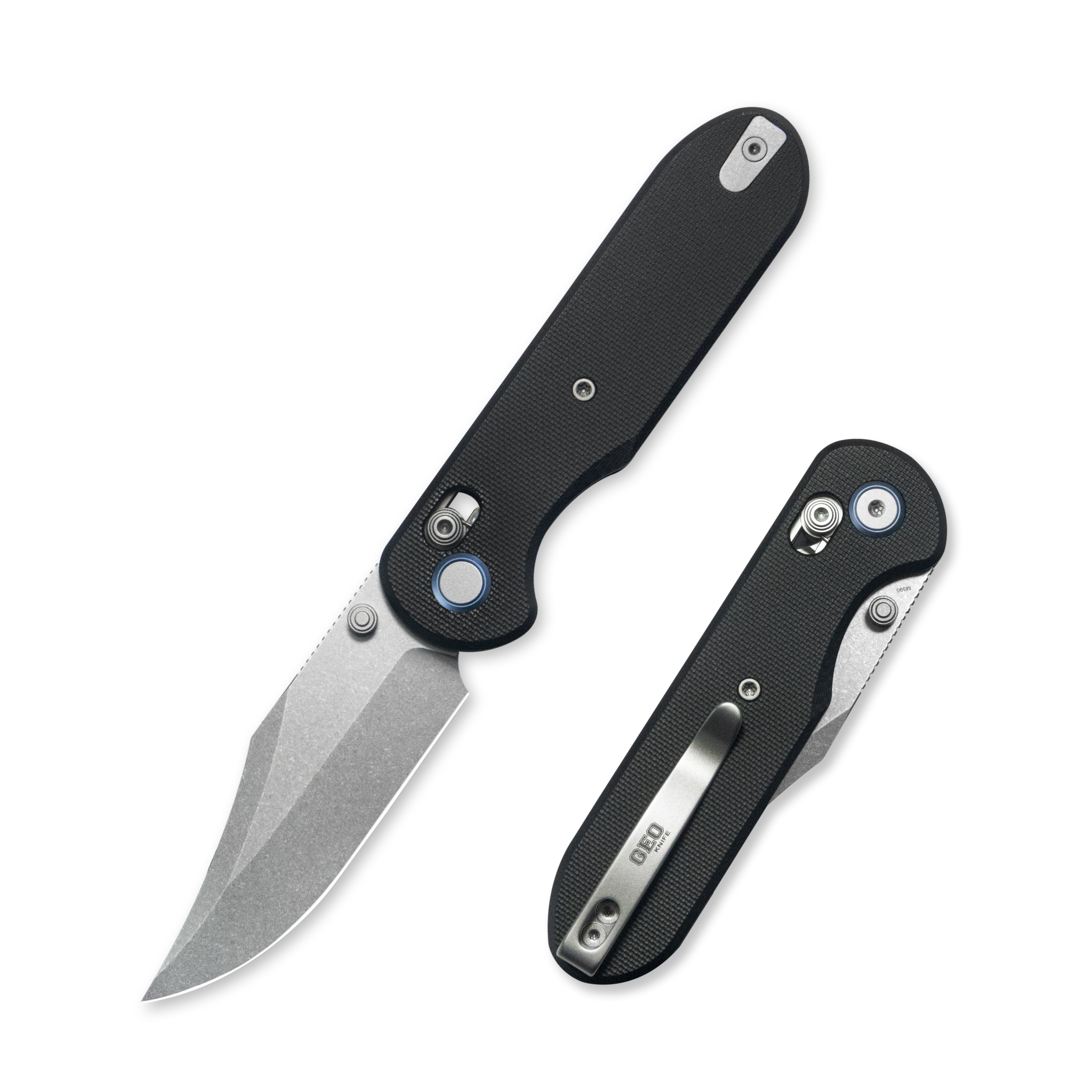 GEO Knife Ethereal Cutter Axis lock Folding Knife Black G10 Handle 3.0" Stonewash Bohler M390 Blade GEO2401F