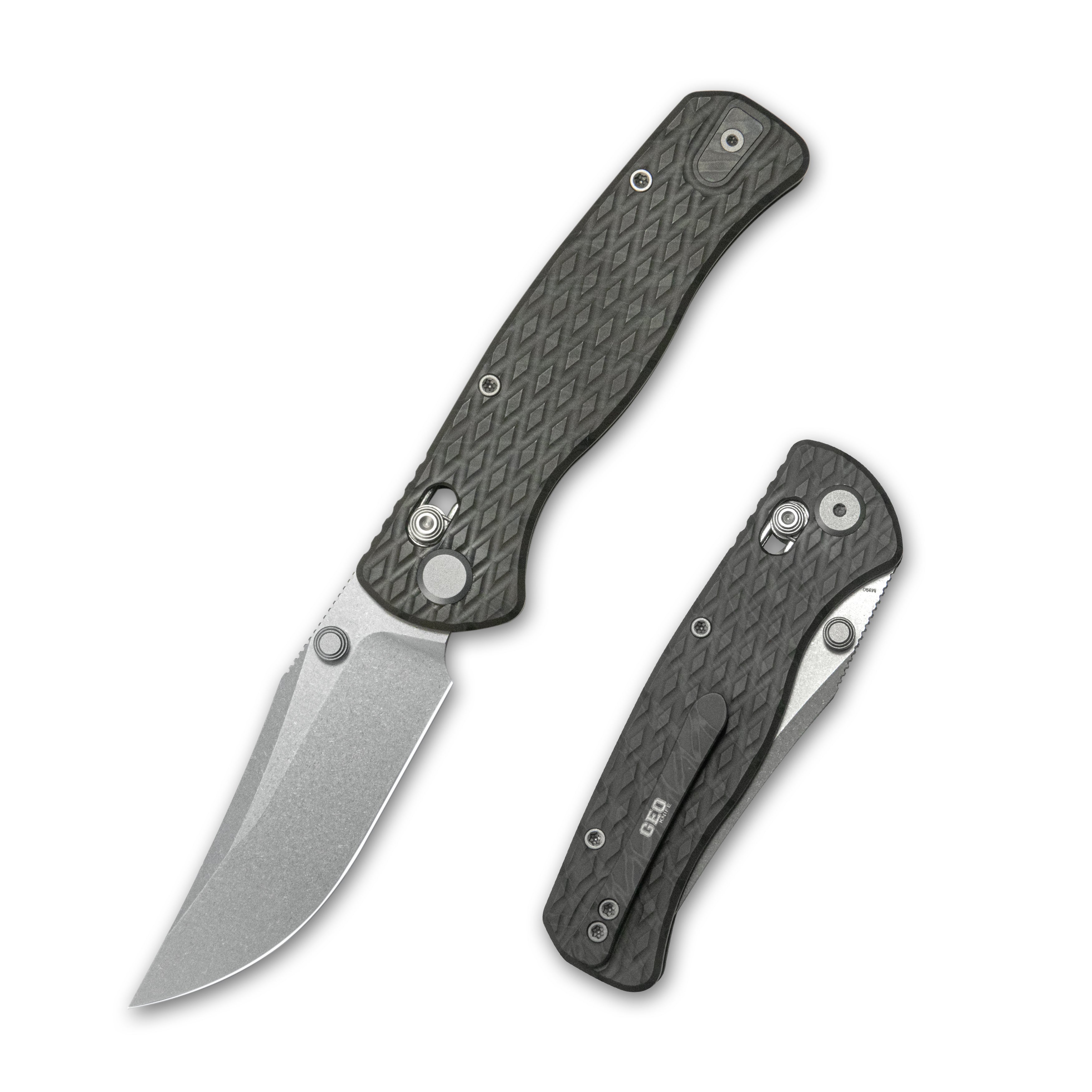 GEO Knife Sharp Shadow Axis lock Folding Knife Tiger Stripe Pattern Flamed 6AL4V Titanium Handle 3.4" Stonewash Bohler M390 Blade GEO2504C