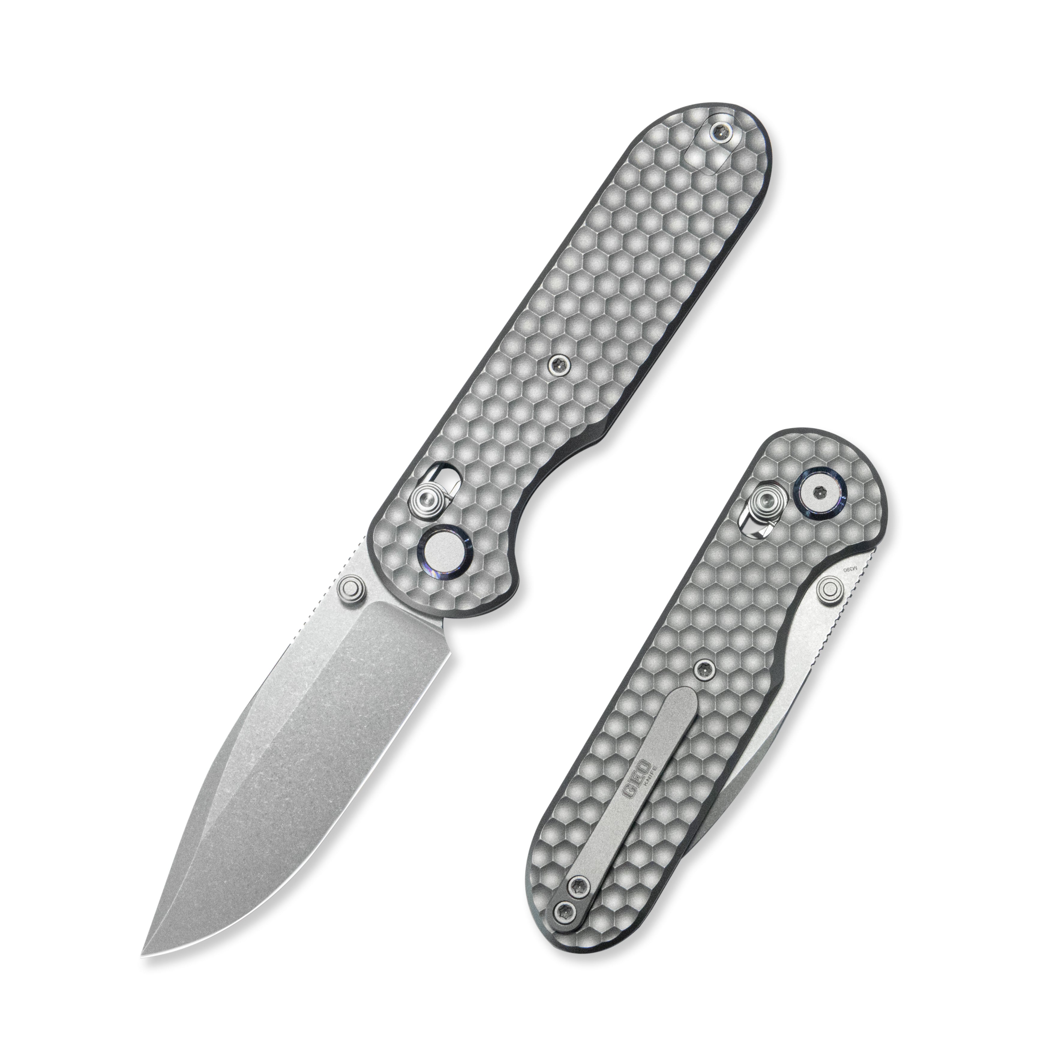 Geo knife Ethereal Cutter Axis lock Folding Knife Gray 6AL4V Titanium Handle 3.0" Stonewash Bohler M390 Blade GEO2402A