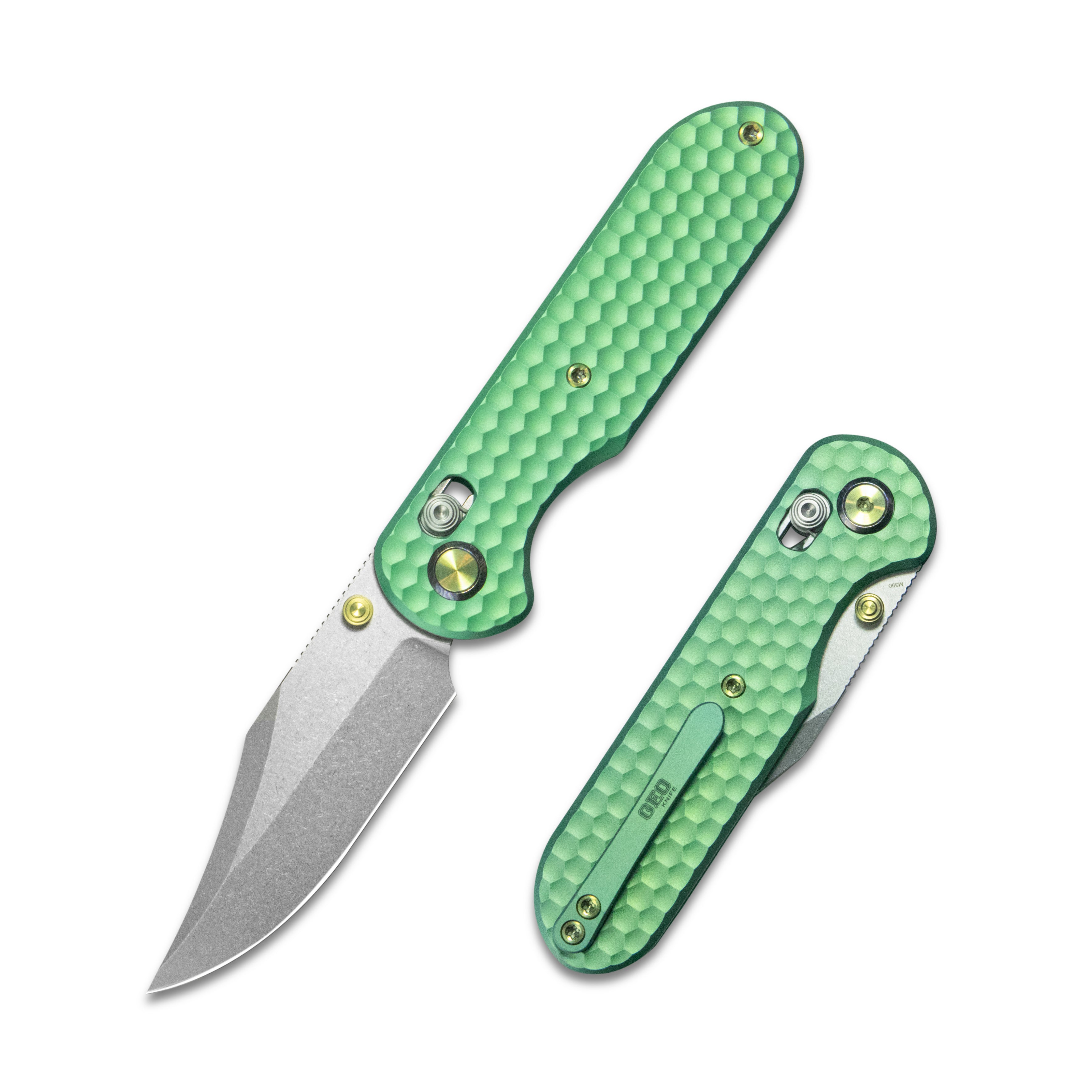GEO Knife Ethereal Cutter Axis lock Folding Knife Green 6AL4V Titanium Handle 3.0" Stonewash Bohler M390 Blade GEO2401H