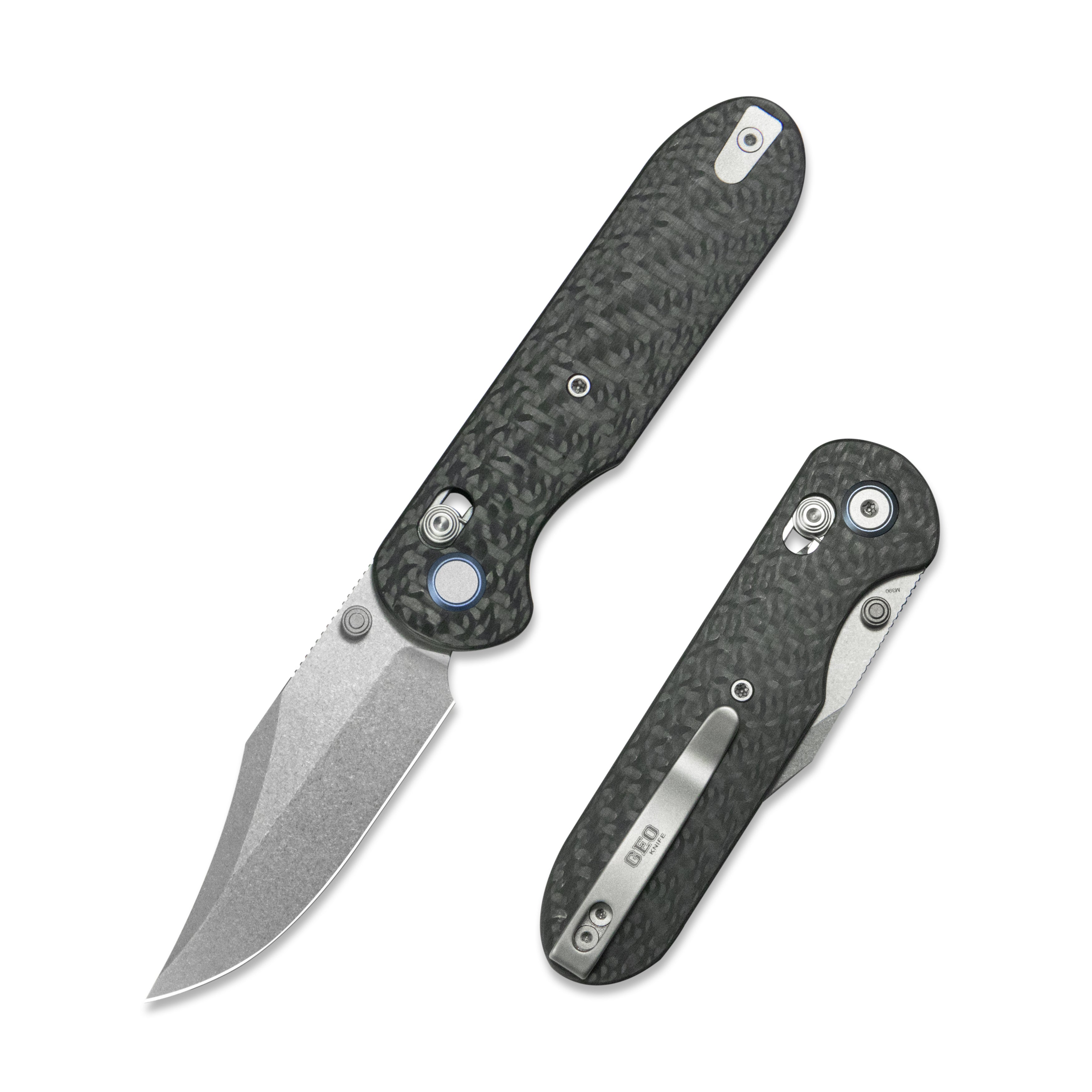 GEO Knife Ethereal Cutter Axis lock Folding Knife Black Carbon Fiber Handle 3.0" Stonewash Bohler M390 Blade GEO2401K