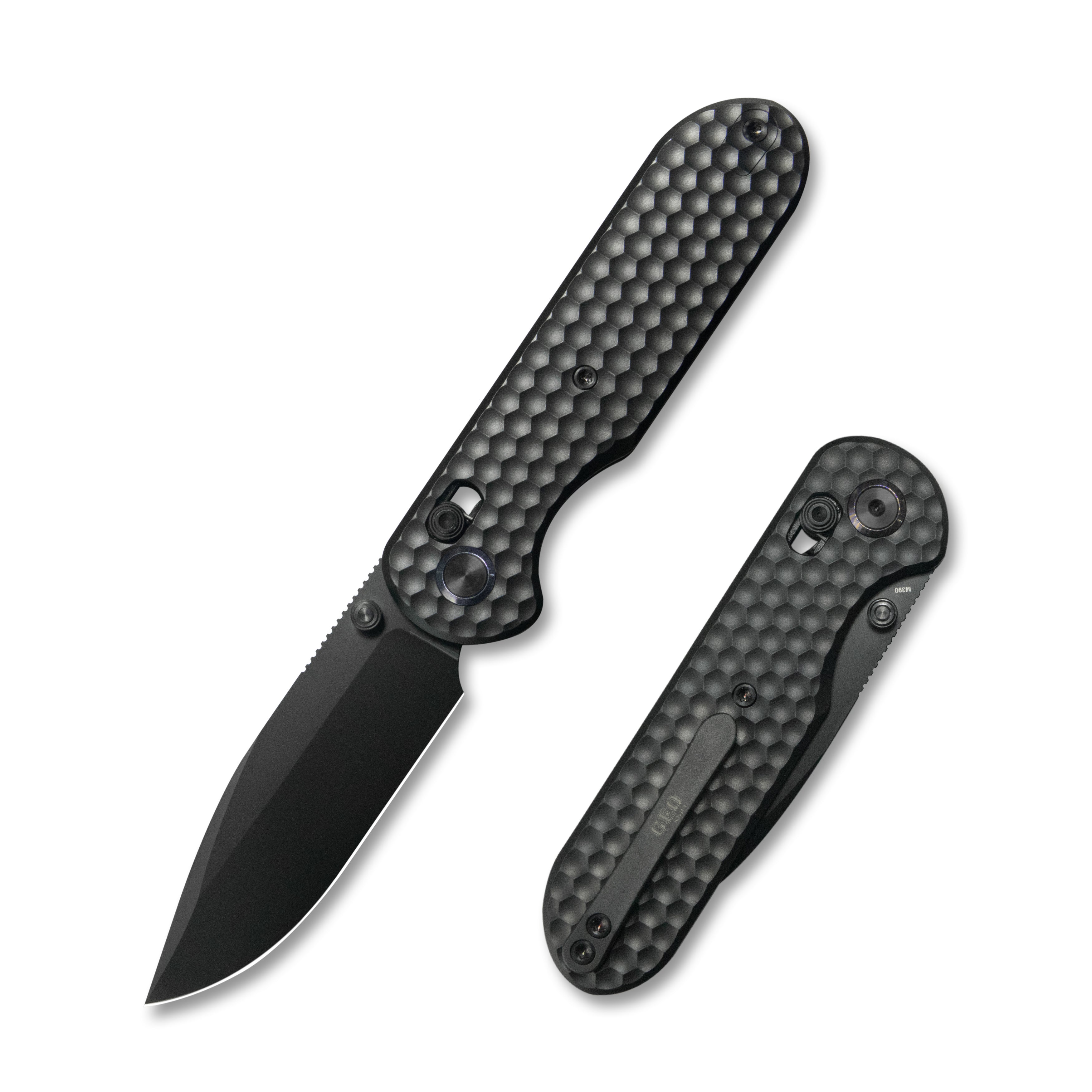 GEO Knife Ethereal Cutter Axis lock Folding Knife Black 6AL4V Titanium Handle 3.0" Black DLC Bohler M390 Blade GEO2402D