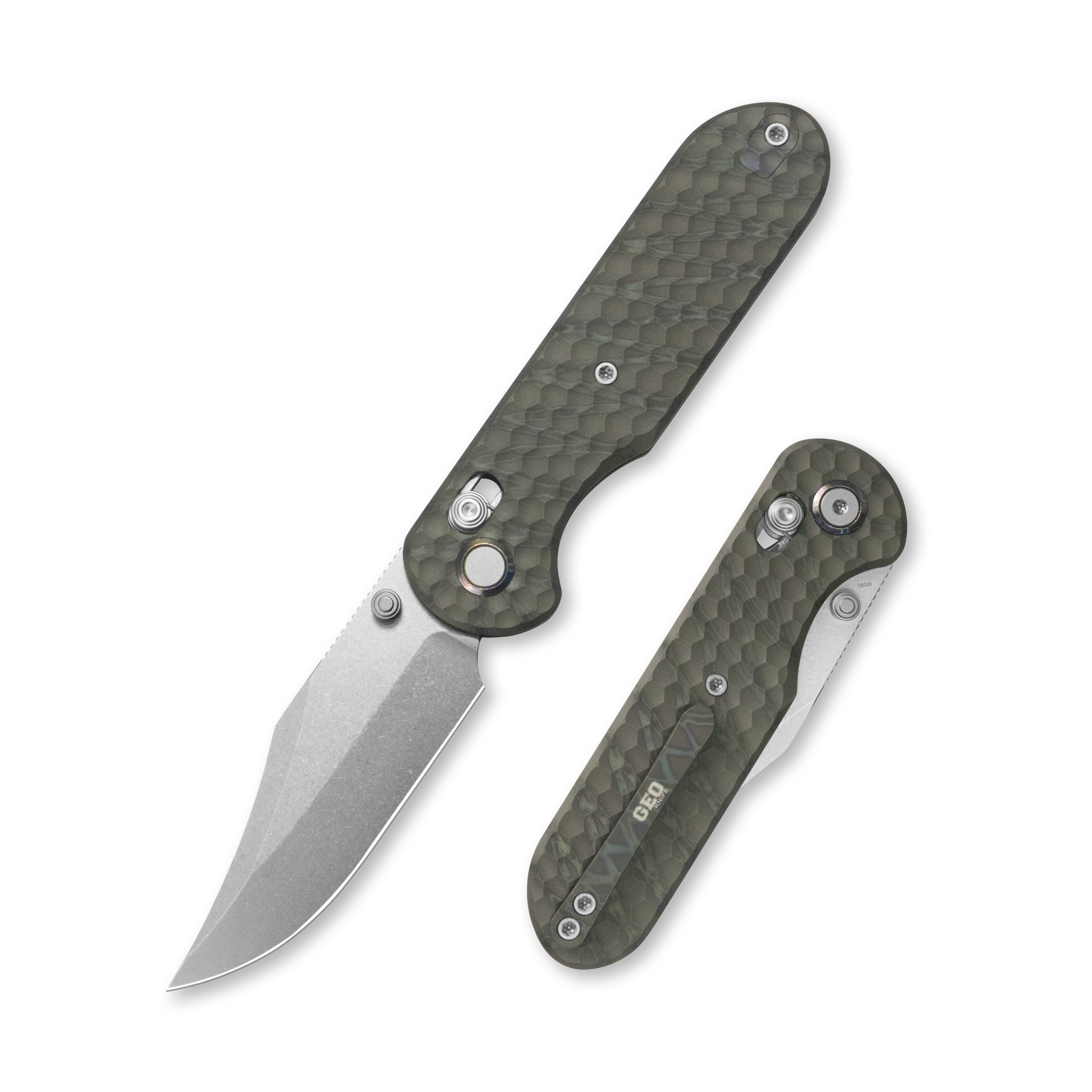 Geo knife Ethereal Cutter Axis lock Folding Knife Tiger Stripe Pattern Flamed 6AL4V Titanium Handle 3.0" Stonewash Bohler M390 Blade GEO2401J