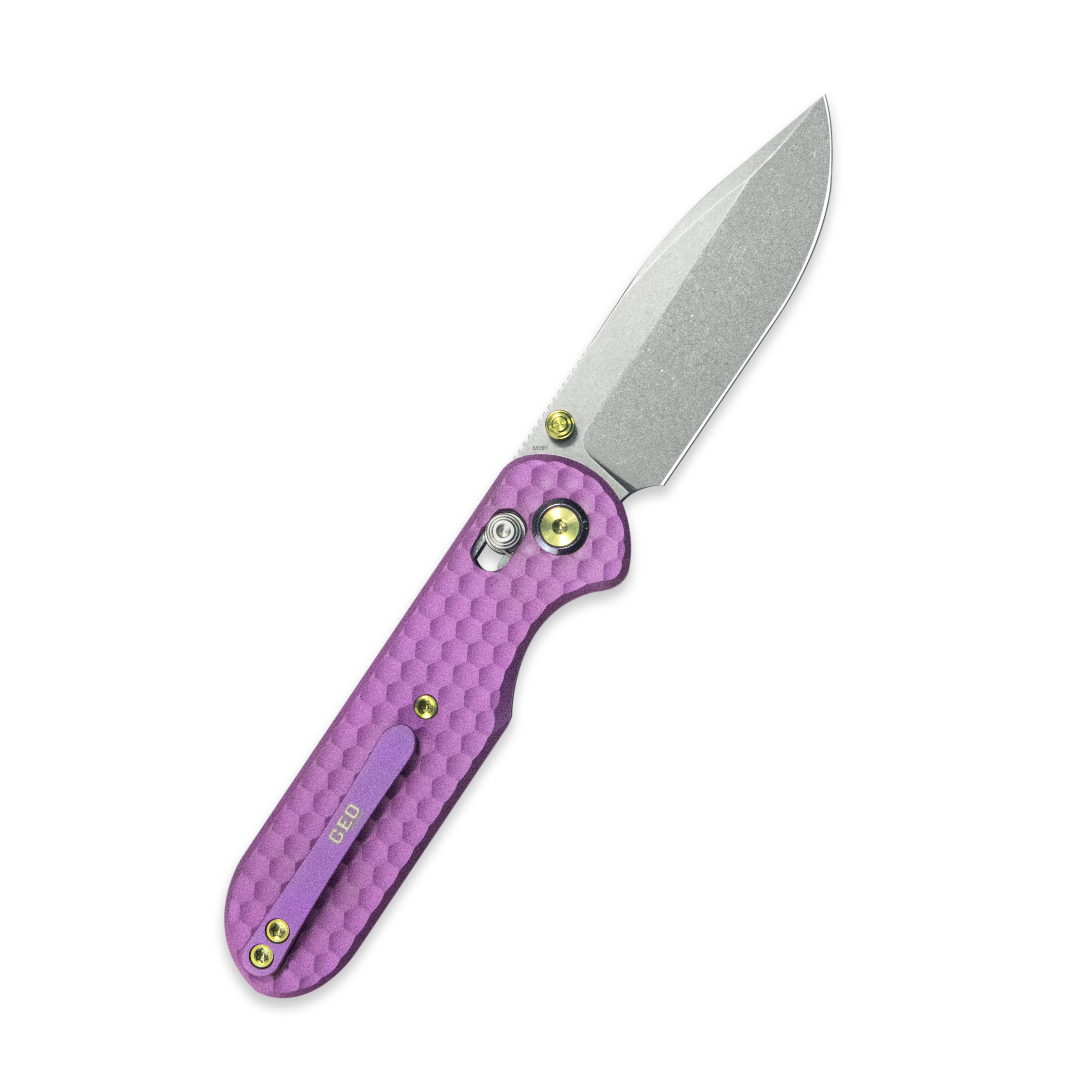 Geo knife Ethereal Cutter Axis lock Folding Knife Purple 6AL4V Titanium Handle 3.0" Stonewash Bohler M390 Blade GEO2402I