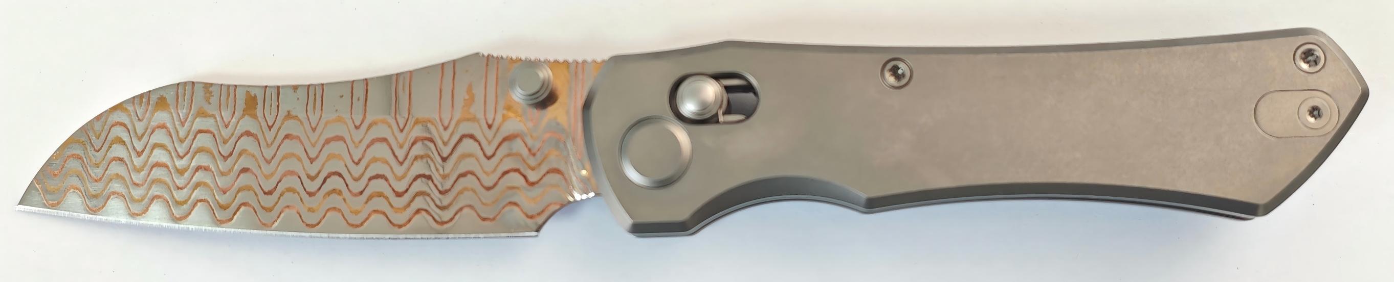 GEO Knife Komodo Axis lock Folding Knife Gray 6AL4V Titanium Handle 3.1" Damascus Steel & Copper Blade(10Cr15CoMoV) GEO2509A