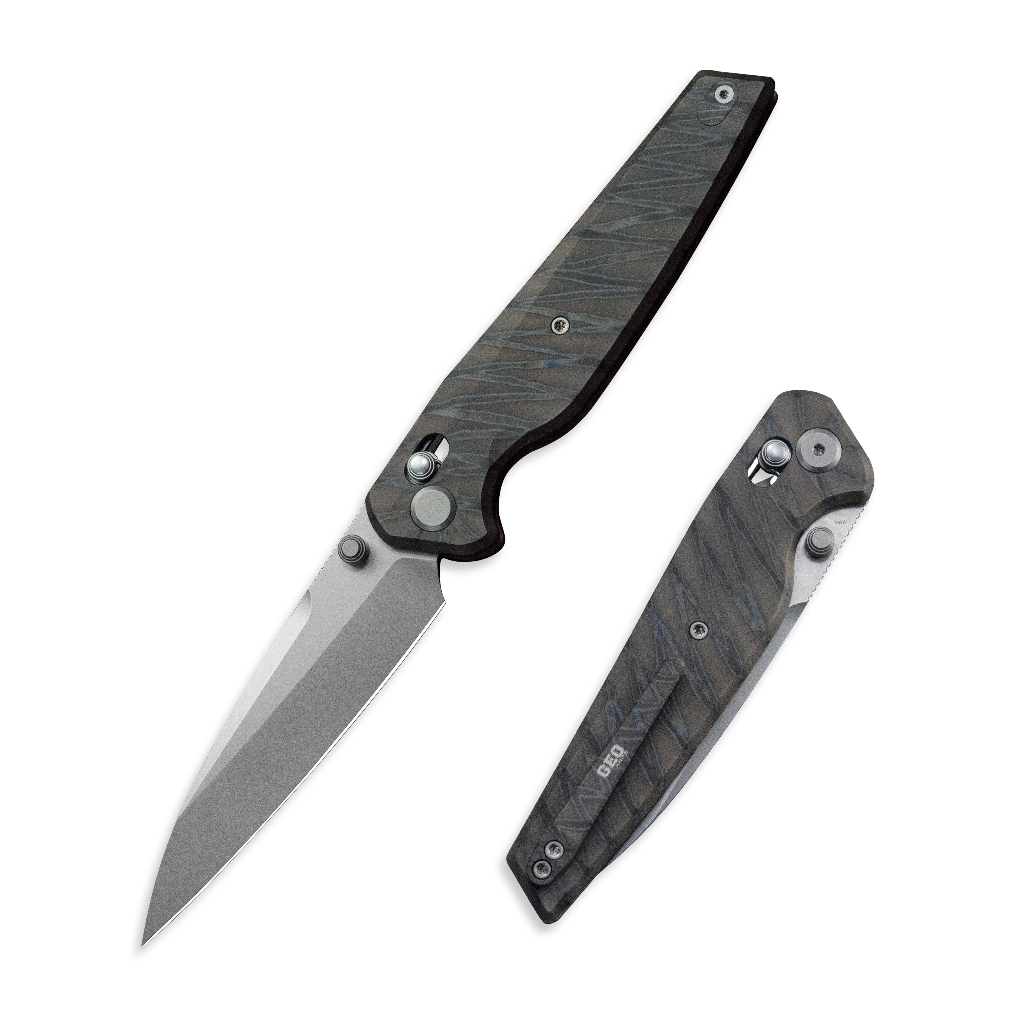 Geo knife FANTASM Axis lock Folding Knife Tiger Stripe Pattern Flamed 6AL4V Titanium Handle 3.9" Stonewash Bohler M390 Blade GEO2505B