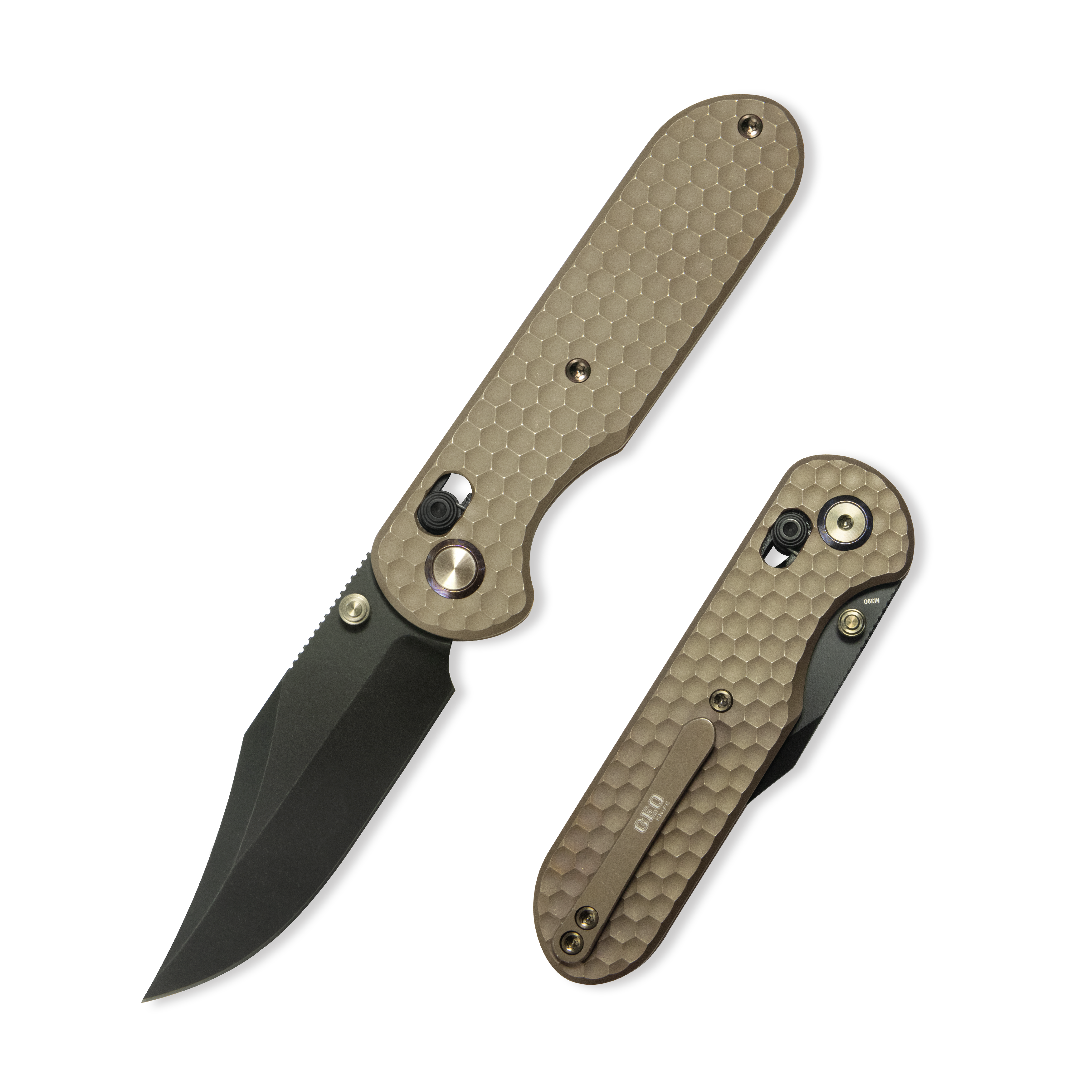 GEO Knife Ethereal Cutter Axis lock Folding Knife Bronze 6AL4V Titanium Handle 3.0" Blackwash Bohler M390 Blade GEO2401B