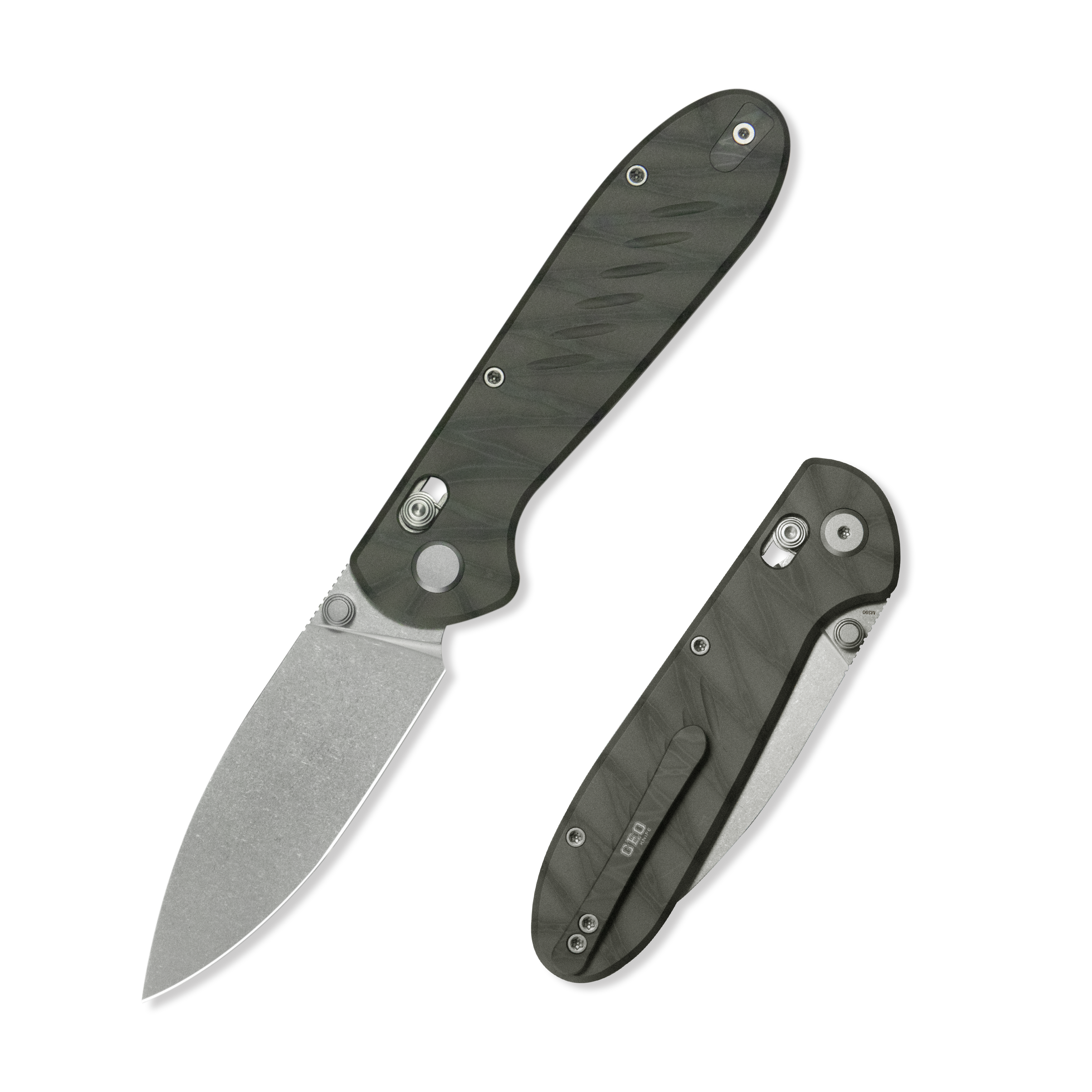 Geo knife Frost Axis lock Folding Knife Tiger Stripe Pattern Flamed 6AL4V Titanium Handle 3.4" Stonewash Bohler M390 Blade GEO2501C