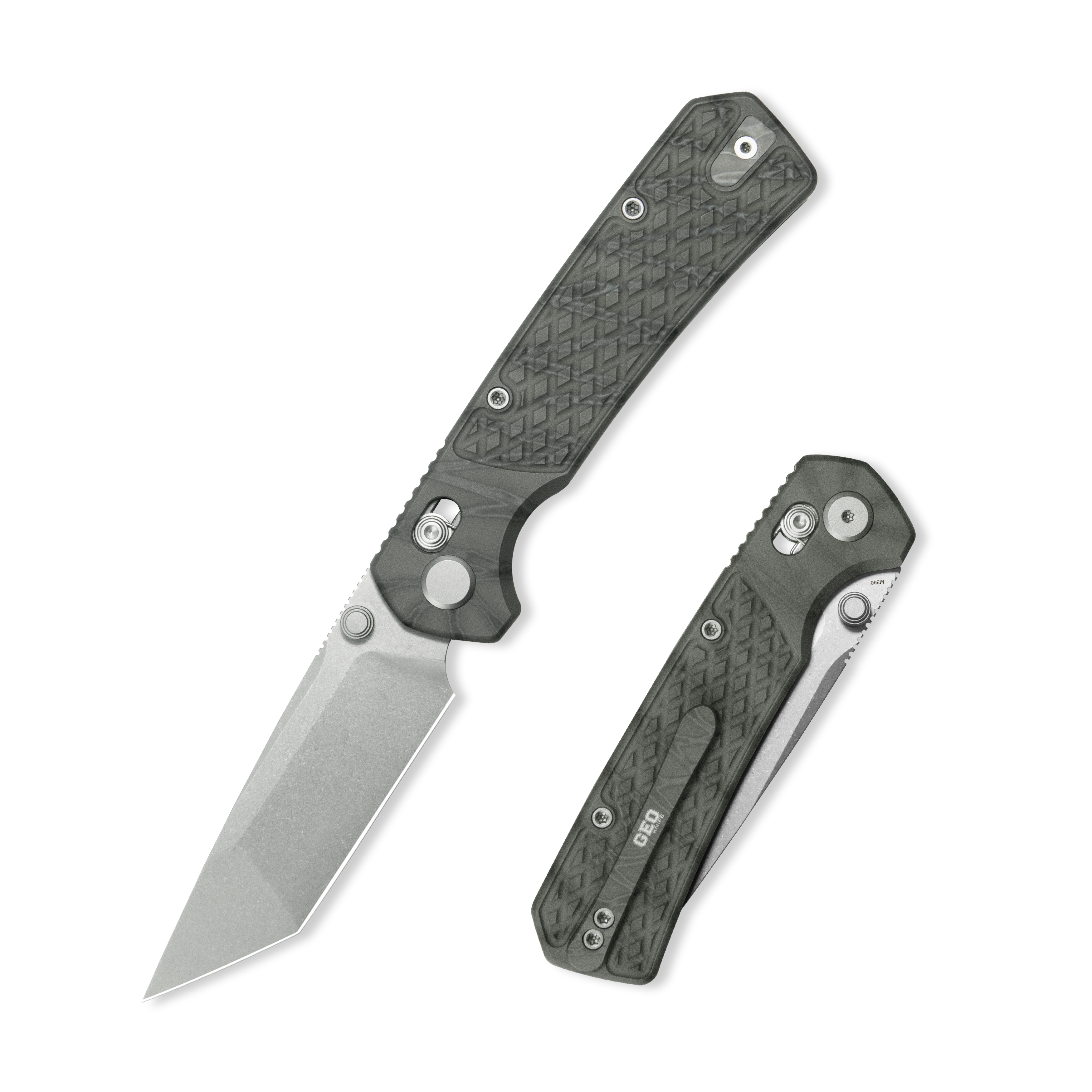 Geo knife Blaze Axis lock Folding Knife Tiger Stripe Pattern Flamed 6AL4V Titanium Handle 3.4" Stonewash Bohler M390 Blade GEO2503C