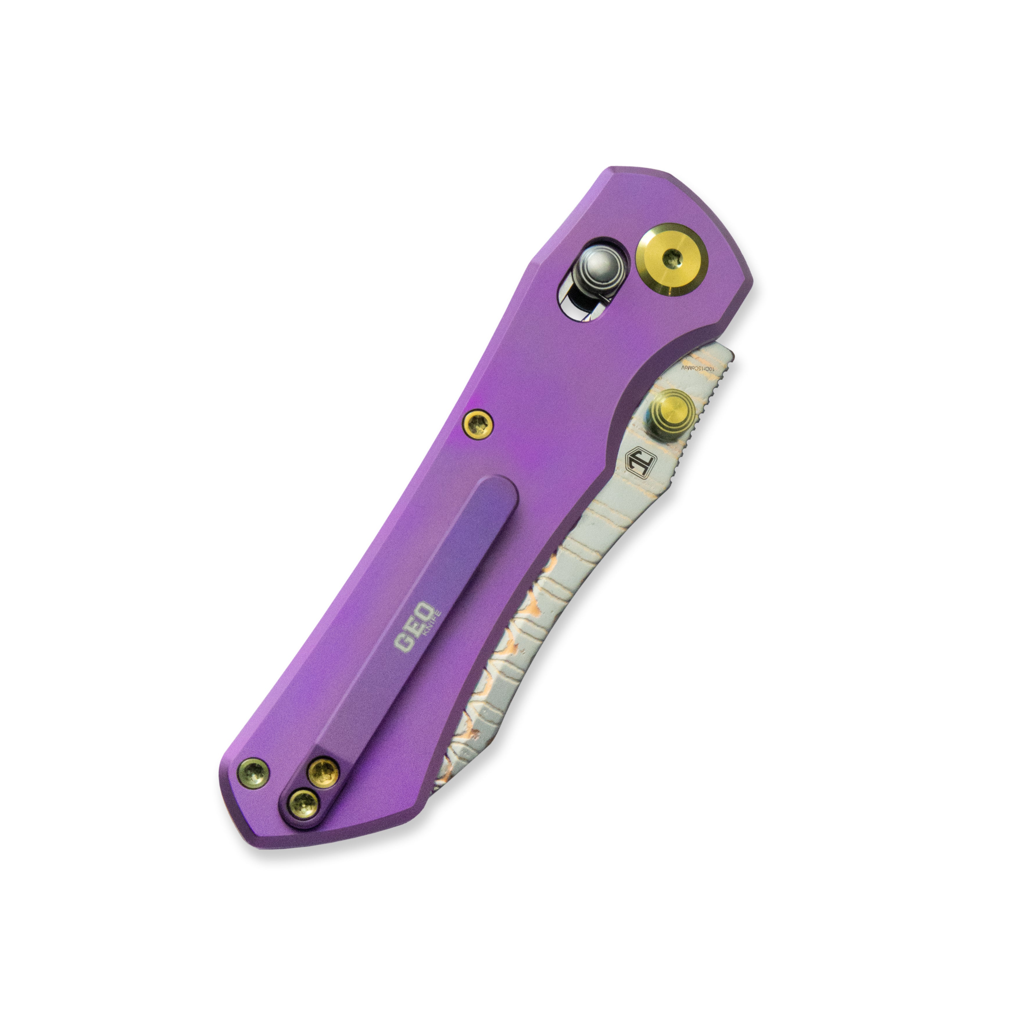 GEO Knife Komodo Axis lock Folding Knife Purple 6AL4V Titanium Handle 3.1" Damascus Steel & Copper Blade（10Cr15CoMoV) GEO2509C