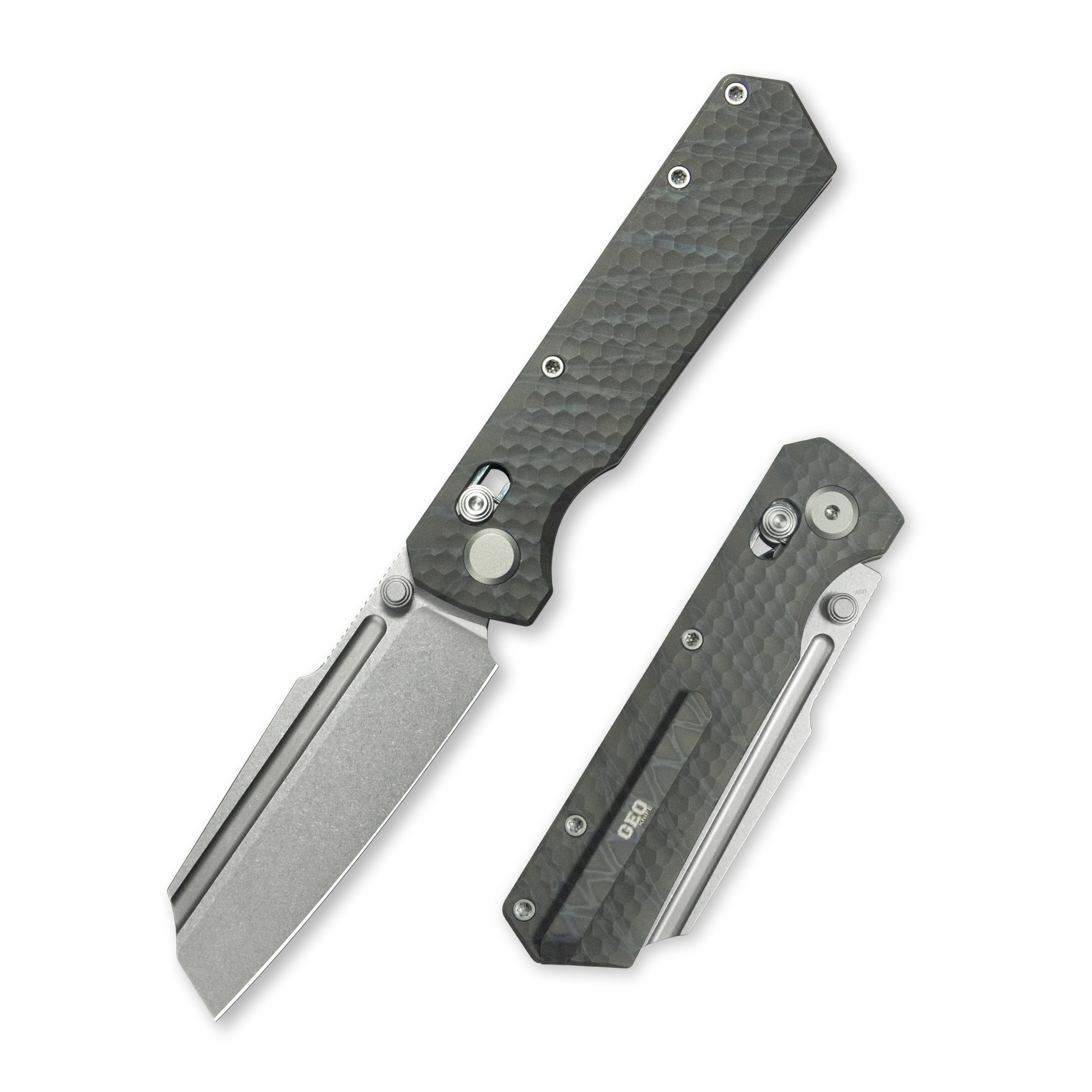 Geo knife Noxiz Axis lock Folding Knife Tiger Stripe Pattern Flamed 6AL4V Titanium Handle 3.1" Stonewash Bohler M390 Blade GEO2506B
