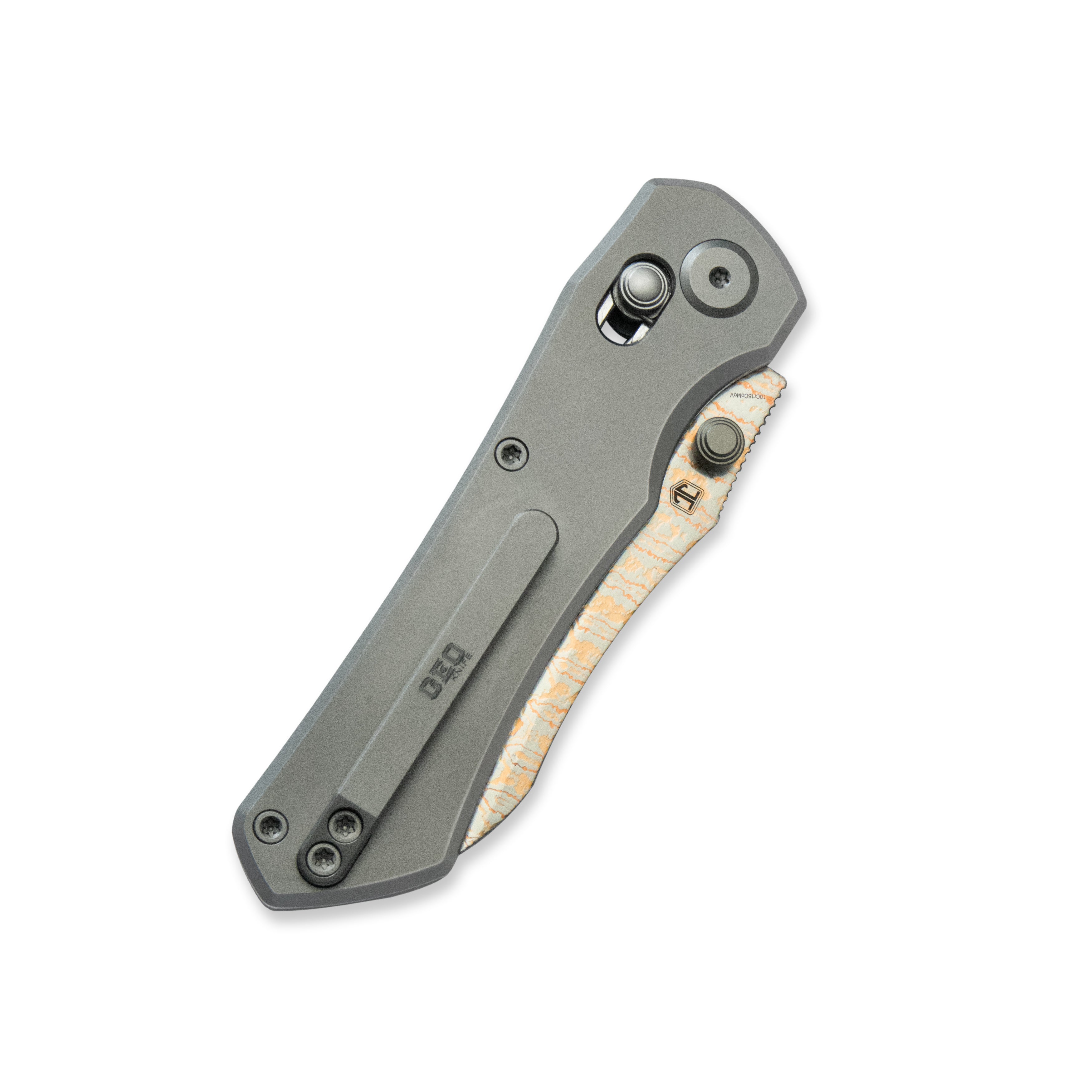 GEO Knife Komodo Axis lock Folding Knife Gray 6AL4V Titanium Handle 3.1" Damascus Steel & Copper Blade（10Cr15CoMoV) GEO2509A