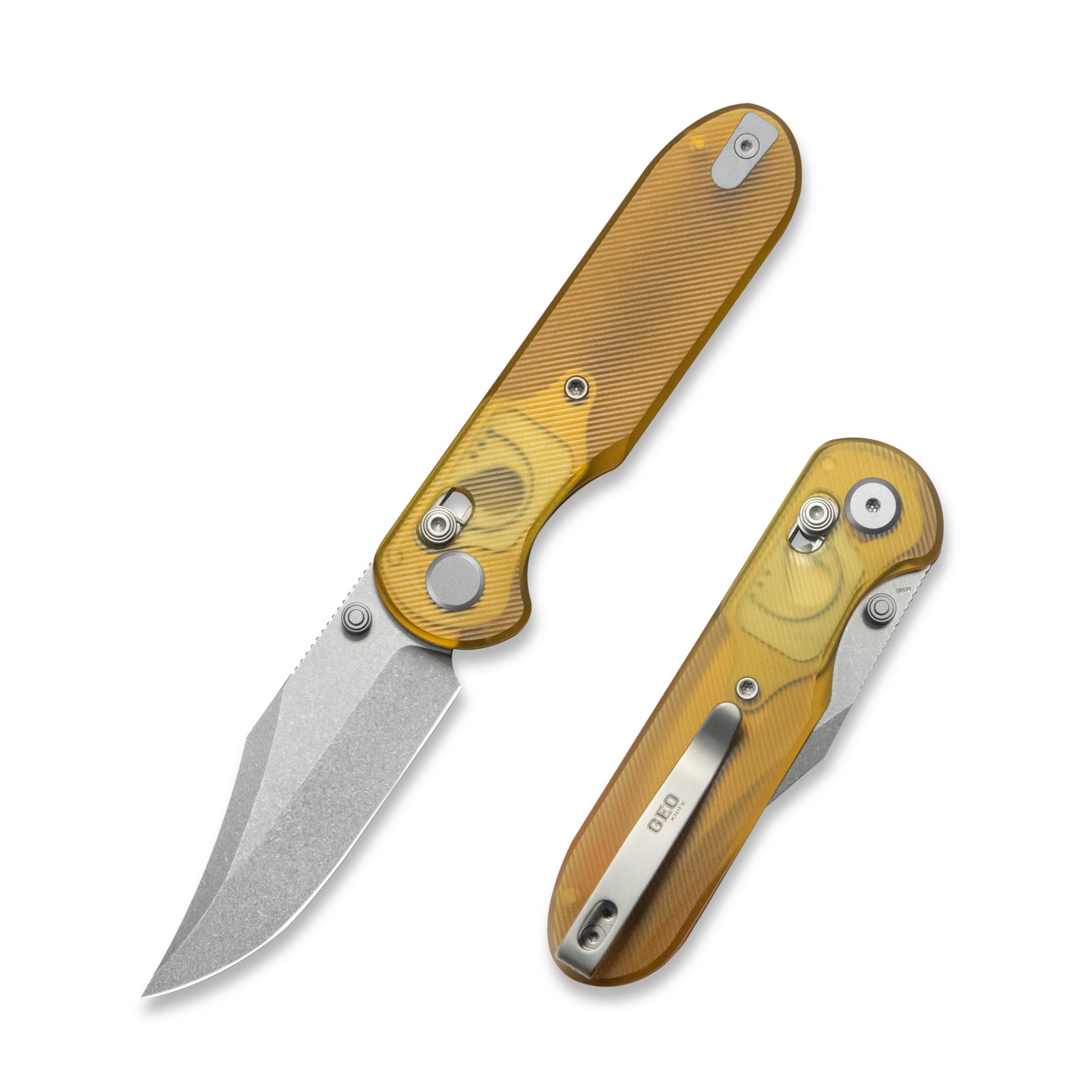 Geo knife Ethereal Cutter Axis lock Folding Knife Ultem Handle 3.0" Stonewash Bohler M390 Blade GEO2401E