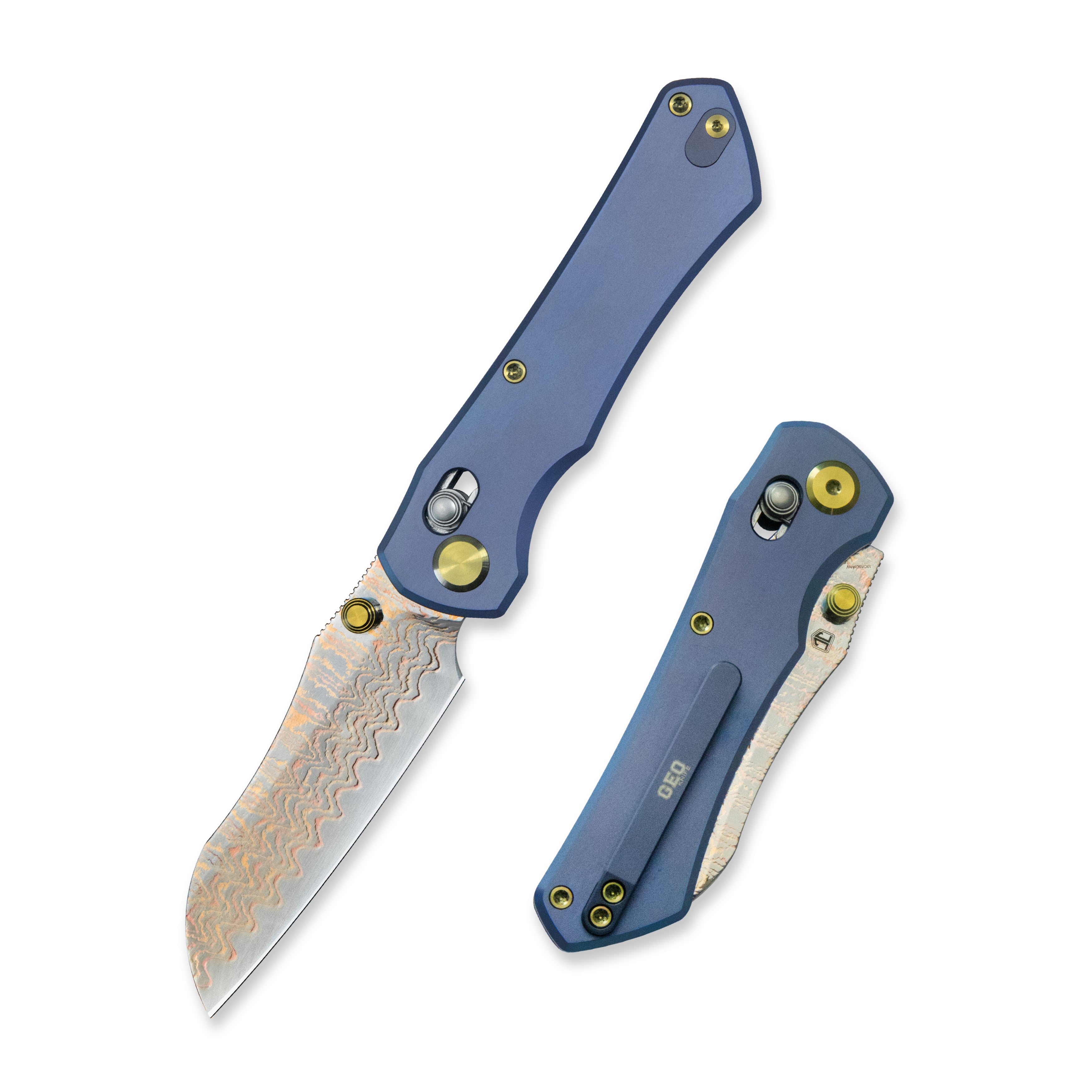GEO Knife Komodo Axis lock Folding Knife Blue 6AL4V Titanium Handle 3.1" Damascus Steel & Copper Blade（10Cr15CoMoV) GEO2509B
