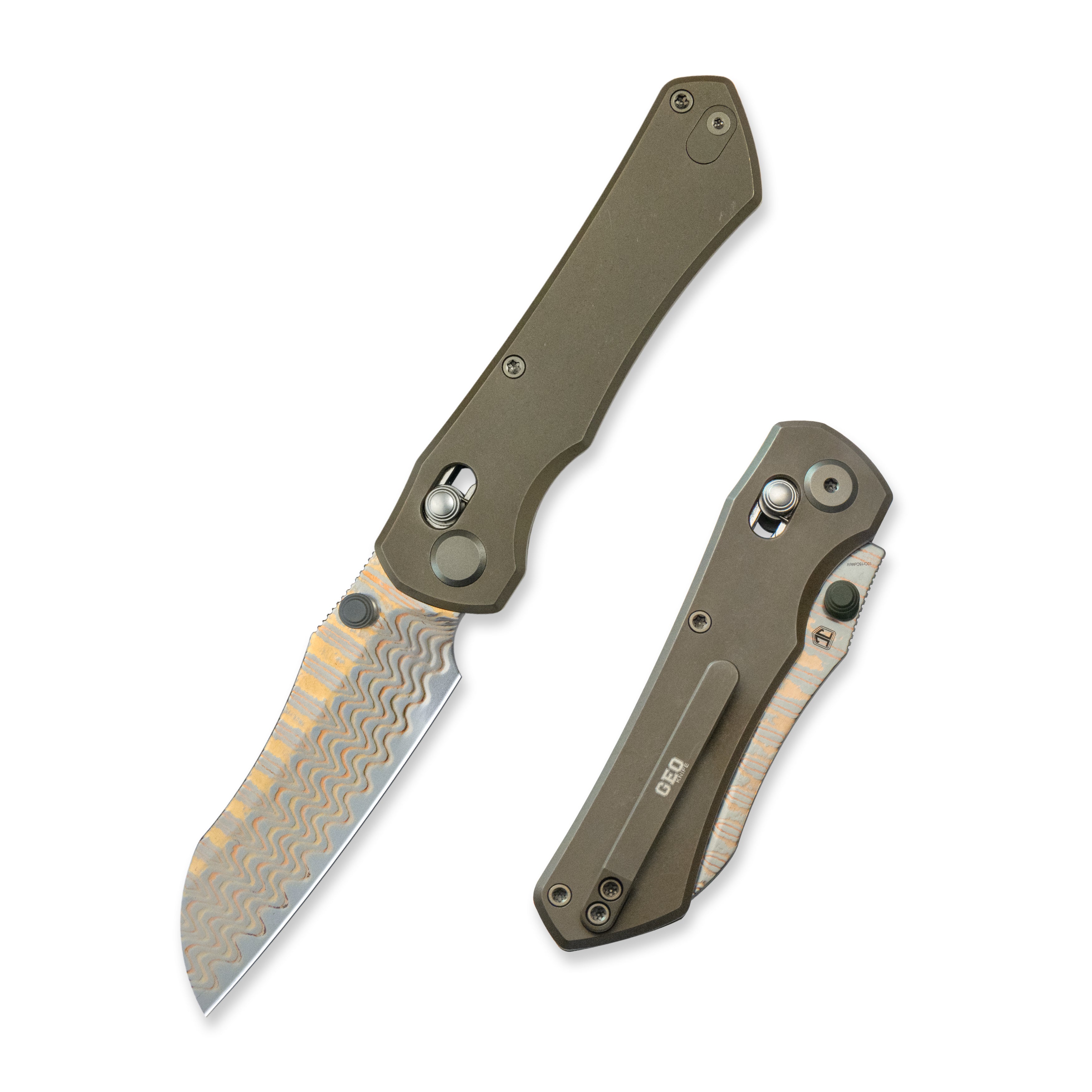 GEO Knife Komodo Axis lock Folding Knife Bronze 6AL4V Titanium Handle 3.1" Damascus Steel & Copper Blade（10Cr15CoMoV) GEO2509D