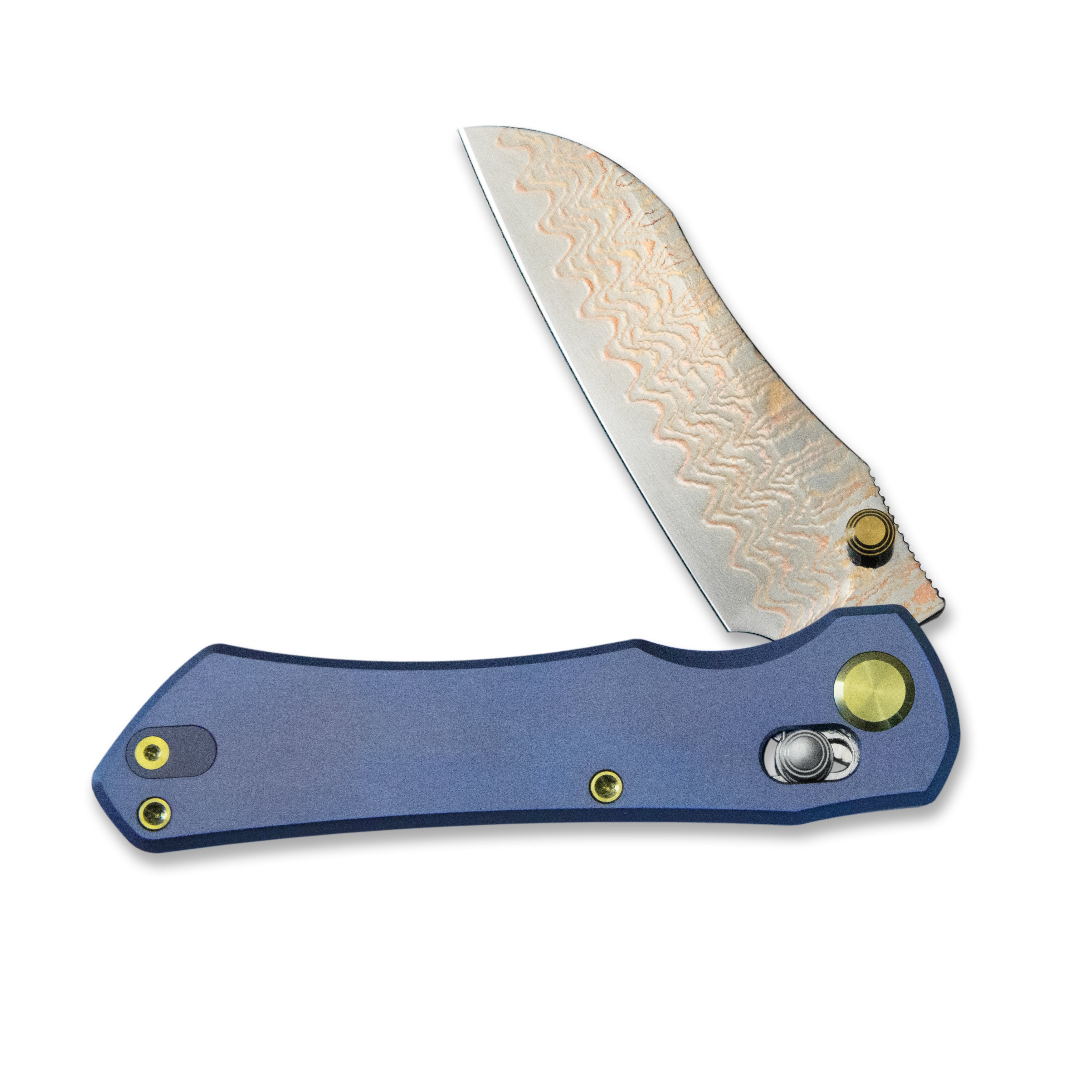 GEO Knife Komodo Axis lock Folding Knife Blue 6AL4V Titanium Handle 3.1" Damascus Steel & Copper Blade（10Cr15CoMoV) GEO2509B