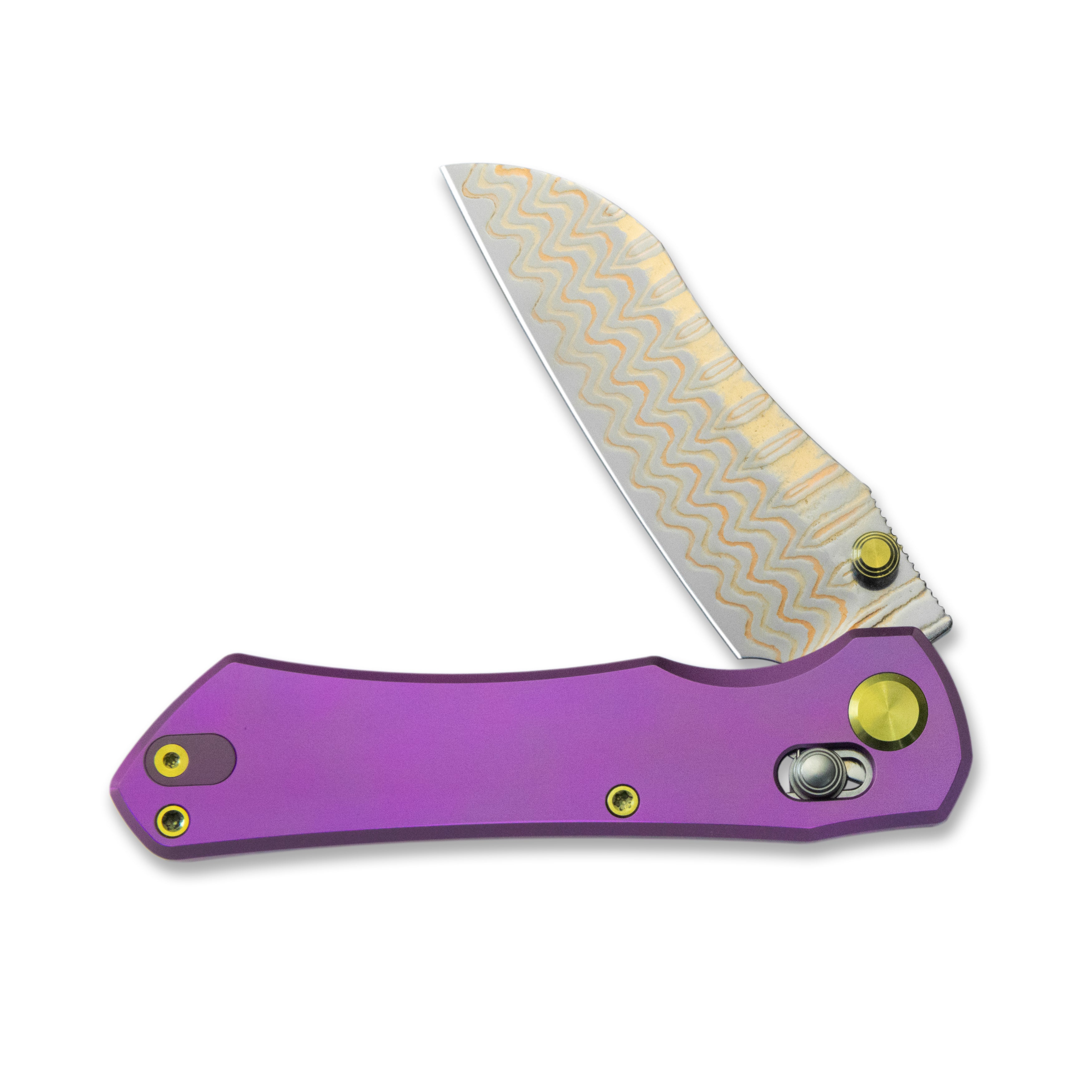 GEO Knife Komodo Axis lock Folding Knife Purple 6AL4V Titanium Handle 3.1" Damascus Steel & Copper Blade（10Cr15CoMoV) GEO2509C