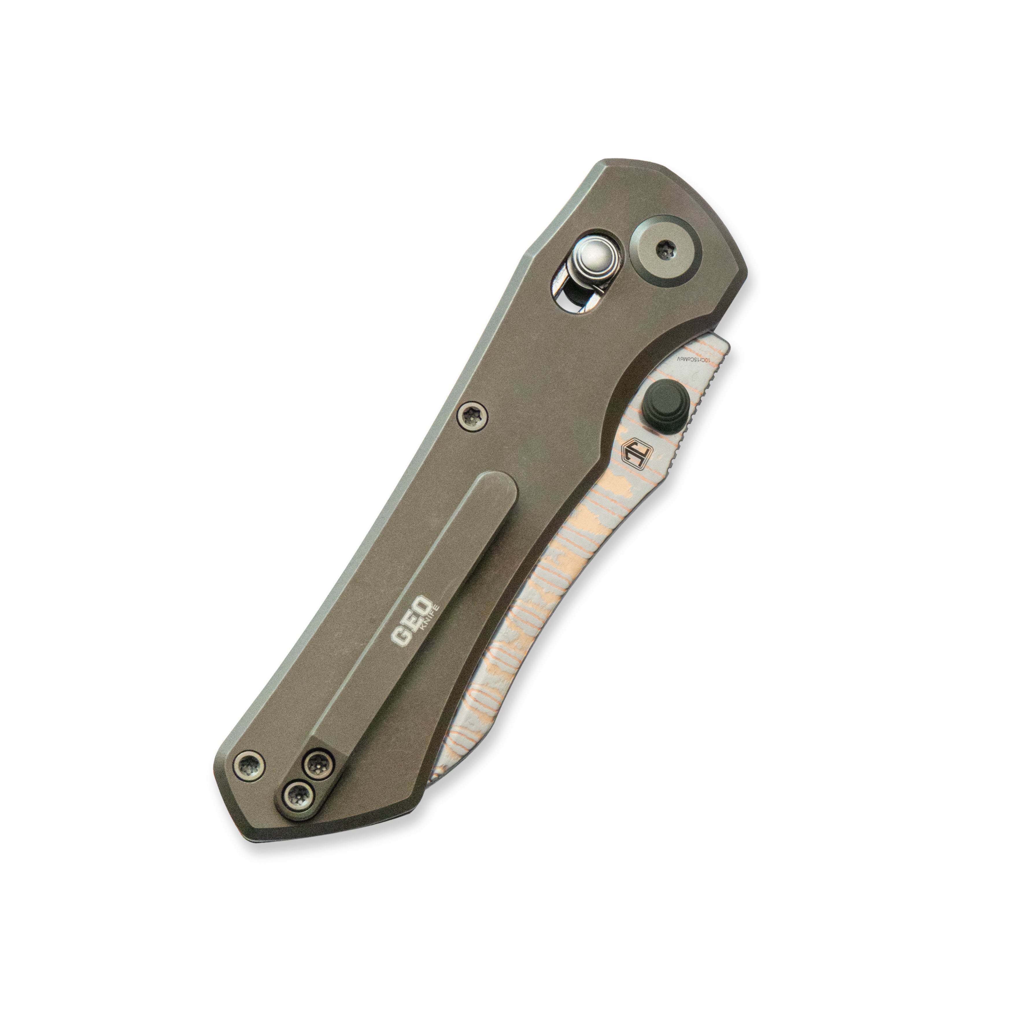 GEO Knife Komodo Axis lock Folding Knife Bronze 6AL4V Titanium Handle 3.1" Damascus Steel & Copper Blade（10Cr15CoMoV) GEO2509D