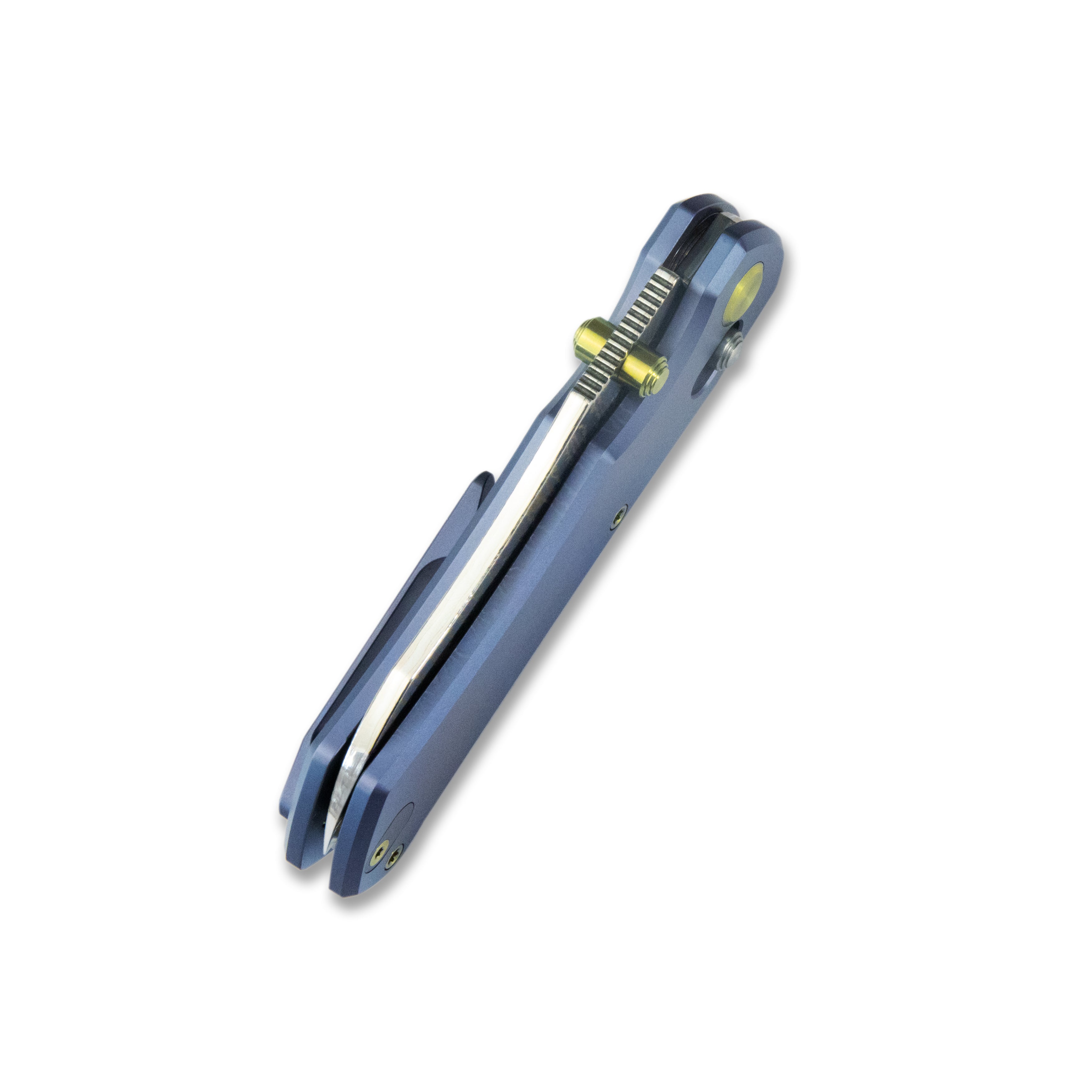 GEO Knife Komodo Axis lock Folding Knife Blue 6AL4V Titanium Handle 3.1" Damascus Steel & Copper Blade（10Cr15CoMoV) GEO2509B