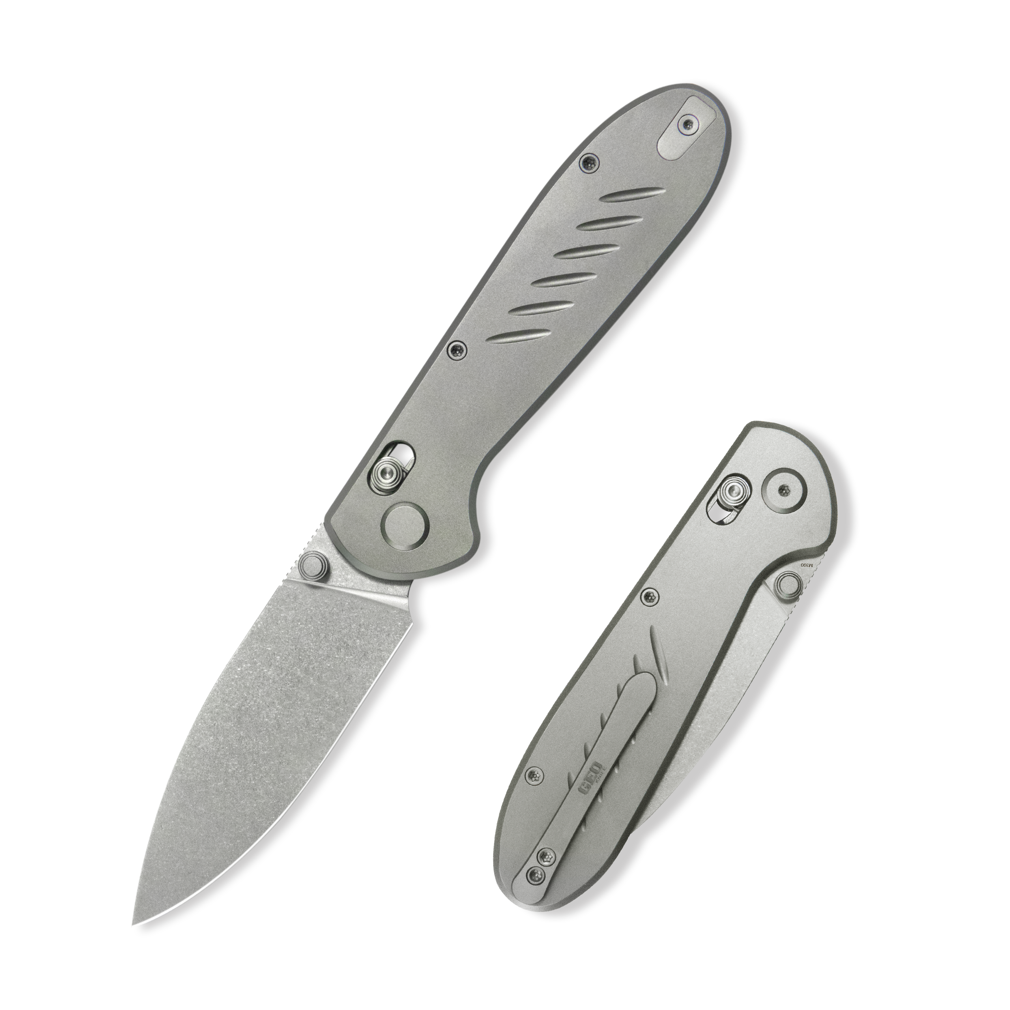 (Pre-order) : Geo knife Frost Axis lock Folding Knife Gray 6AL4V Titanium Handle 3.4" Stonewash Bohler M390 Blade GEO2501A